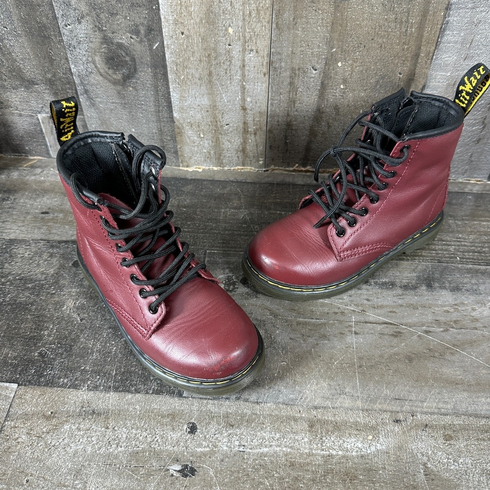 Dr Martens 1460 J Kids Red Leather Lace Up Side Zip Combat Boots Size 11 US